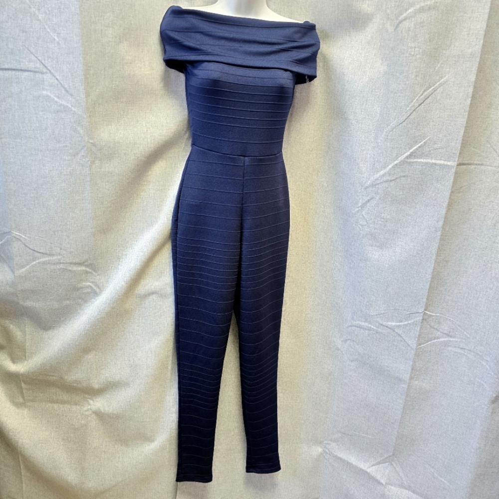 Lac Bleu Women's Navy Blue Off The Shoulder Jumpsuit Size Small